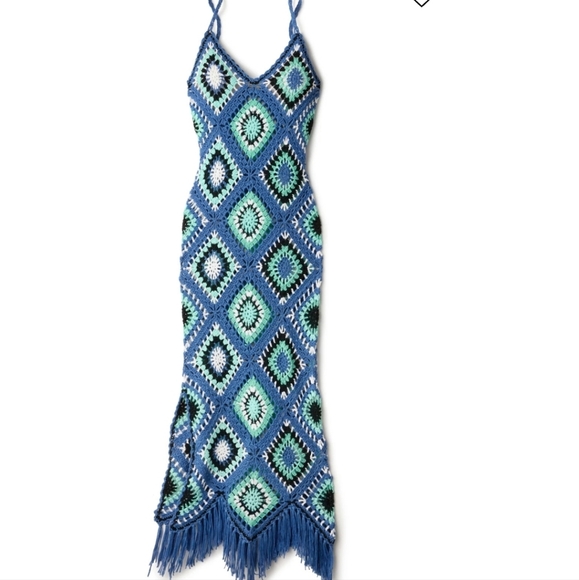 New Elan Aleki Diamond Crochet Blue Multicolor Maxi Dress/Swim Cover-Up Large - Picture 8 of 13